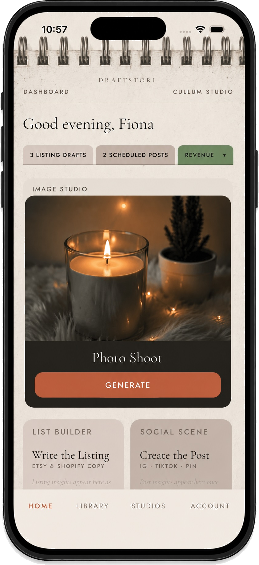 Draftstori app showing Image Studio with candle product photo